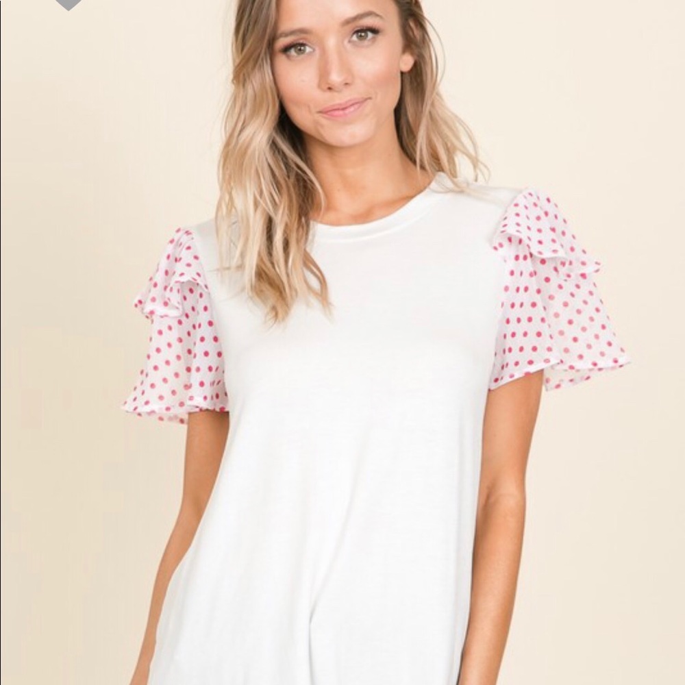 Ruffled sleeve polka dot top tee feminine girlie